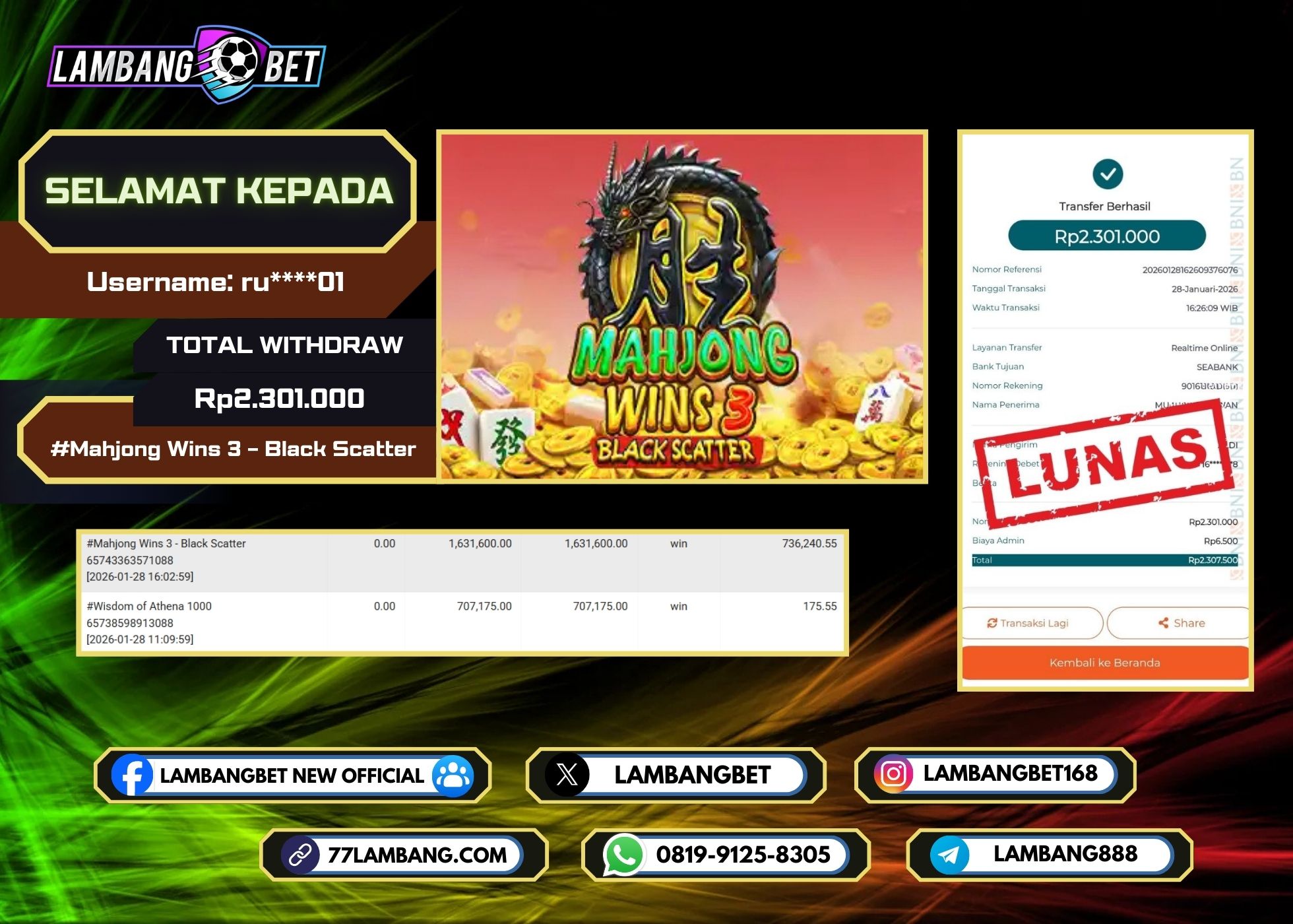LAMBANGBET [28 JANUARI 2026] JACKPOT SLOT Mahjong Wins 3 - Black Scatter "Rp2.301.000" LUNAS